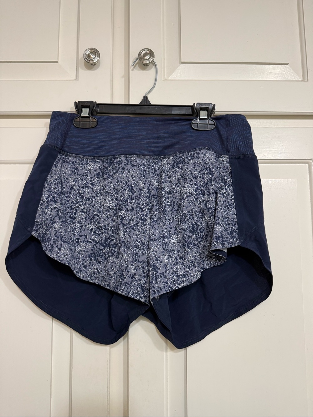 Outdoor Voices Navy Layered Athletic Shorts with Patterned Front